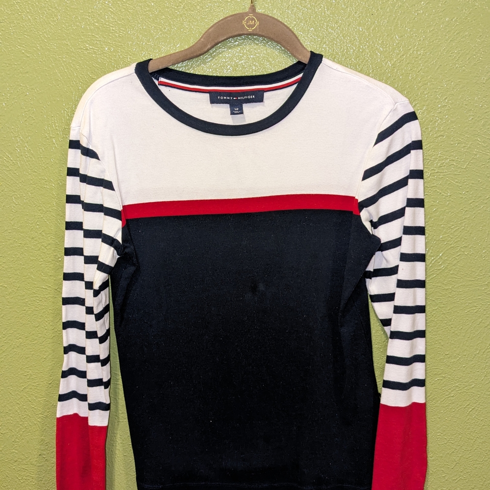 Tommy Hilfiger Women's Striped Sweater - Black, White, and Red
